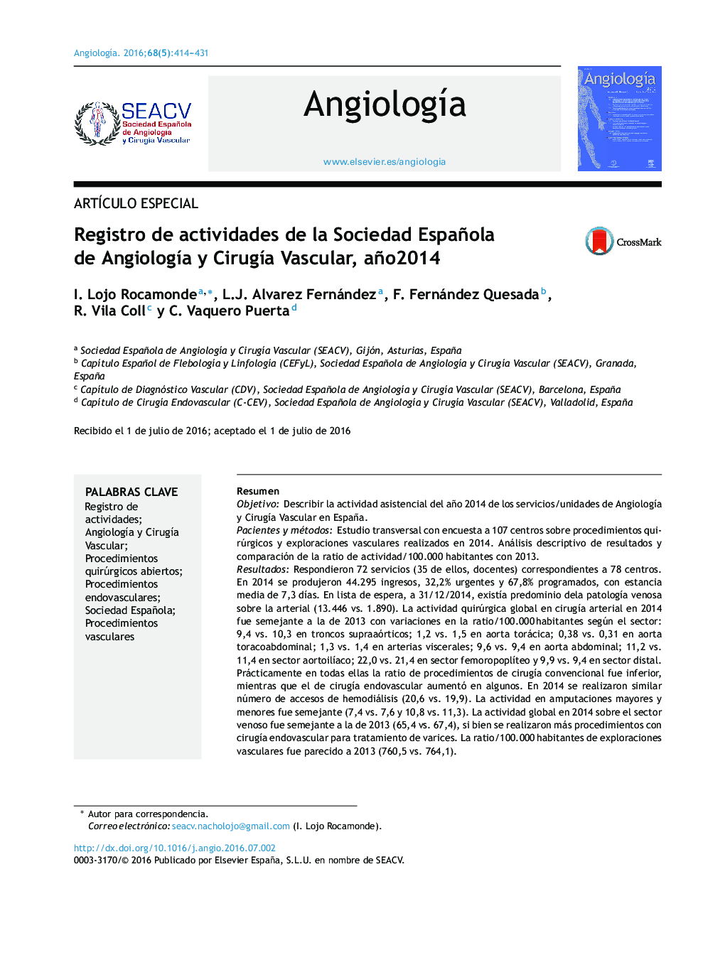 Registro de actividades de la Sociedad Española de Angiología y Cirugía Vascular, año2014