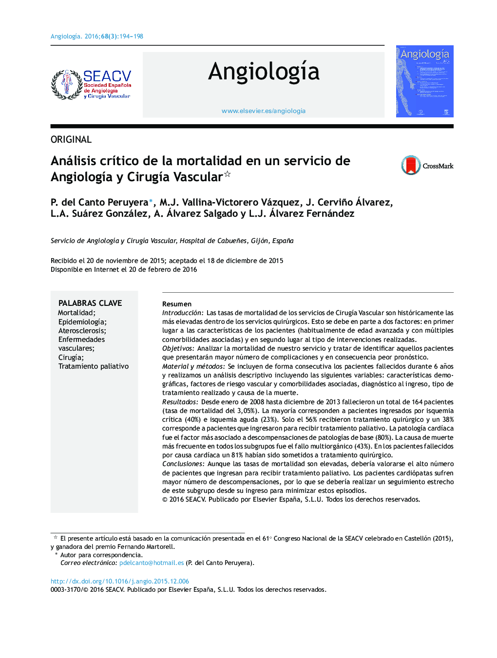 Análisis crÃ­tico de la mortalidad en un servicio de AngiologÃ­a y CirugÃ­a Vascular