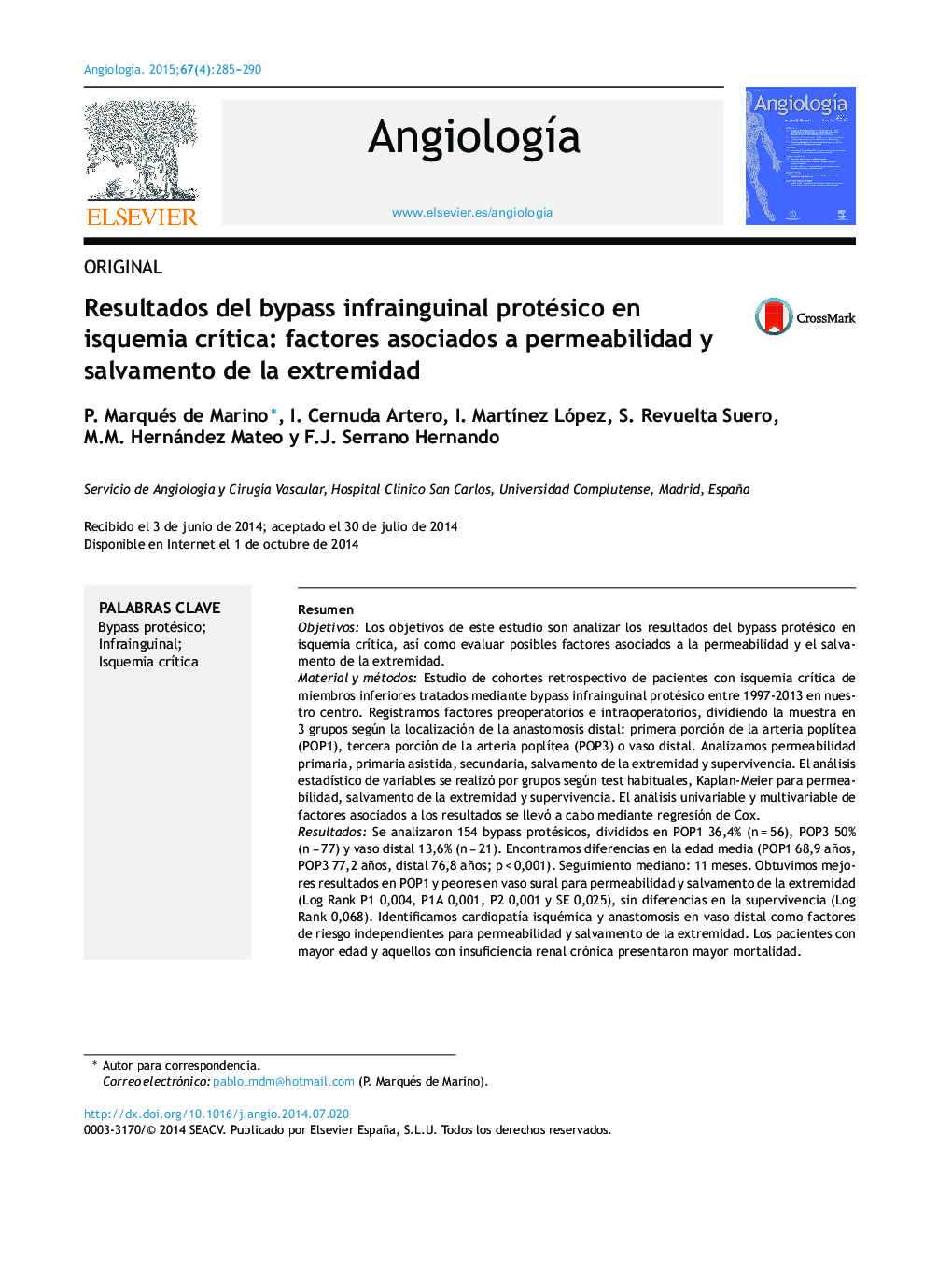 Resultados del bypass infrainguinal protésico en isquemia crÃ­tica: factores asociados a permeabilidad y salvamento de la extremidad