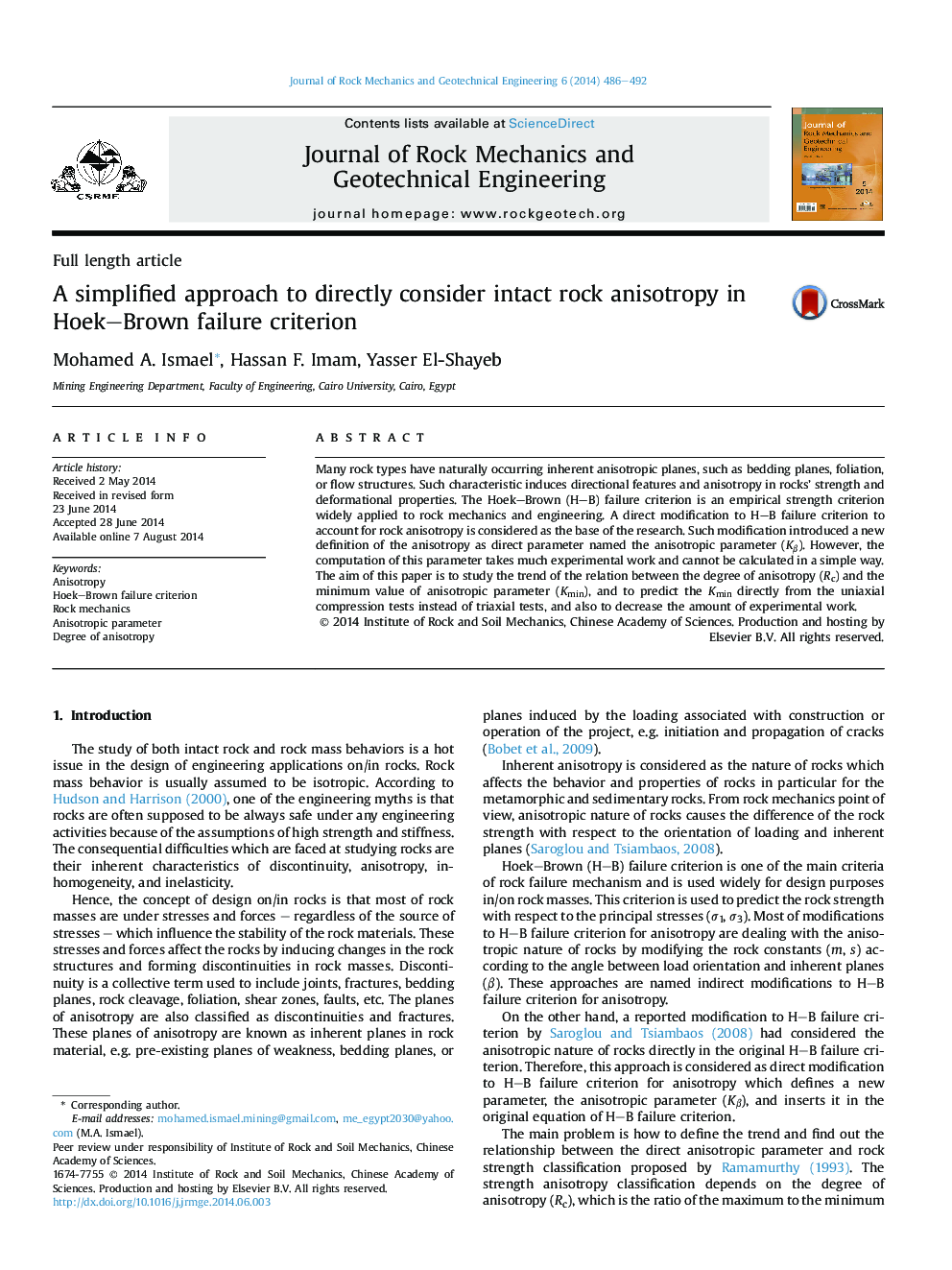 A simplified approach to directly consider intact rock anisotropy in Hoek–Brown failure criterion 