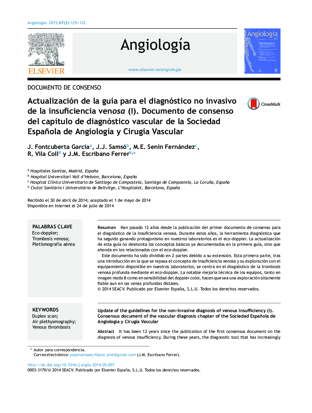 Actualización de la guía para el diagnóstico no invasivo de la insuficiencia venosa (I). Documento de consenso del capítulo de diagnóstico vascular de la Sociedad Española de Angiología y Cirugía Vascular