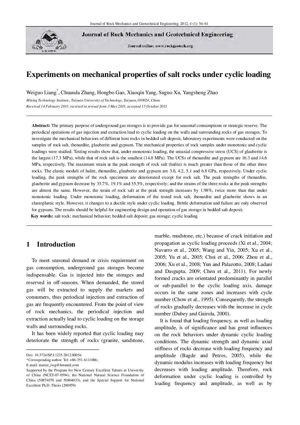 Experiments on mechanical properties of salt rocks under cyclic loading 