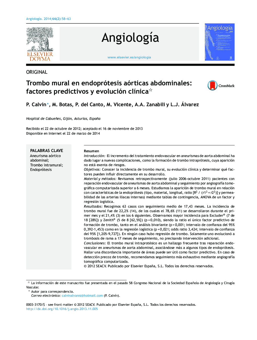 Trombo mural en endoprótesis aórticas abdominales: factores predictivos y evolución clÃ­nica