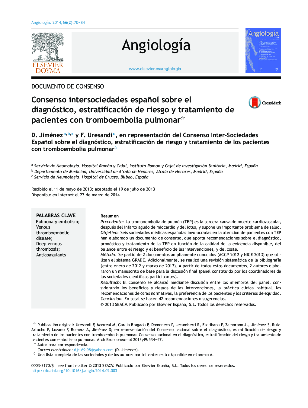 Consenso intersociedades español sobre el diagnóstico, estratificación de riesgo y tratamiento de pacientes con tromboembolia pulmonar 