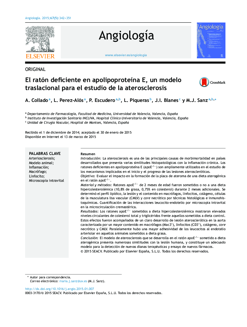 El ratón deficiente en apolipoproteína E, un modelo traslacional para el estudio de la aterosclerosis