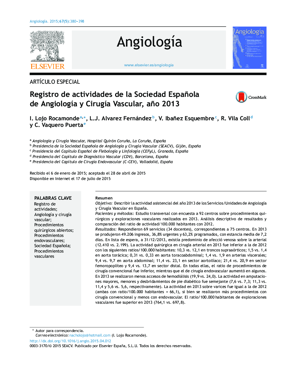 Registro de actividades de la Sociedad Española de Angiología y Cirugía Vascular, año 2013