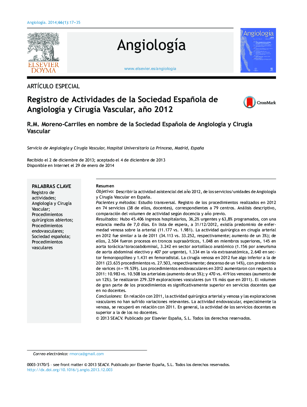 Registro de Actividades de la Sociedad Española de Angiología y Cirugía Vascular, año 2012