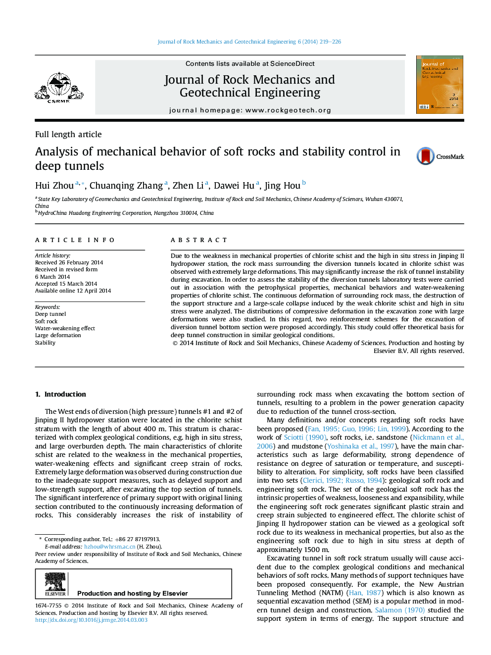 Analysis of mechanical behavior of soft rocks and stability control in deep tunnels 