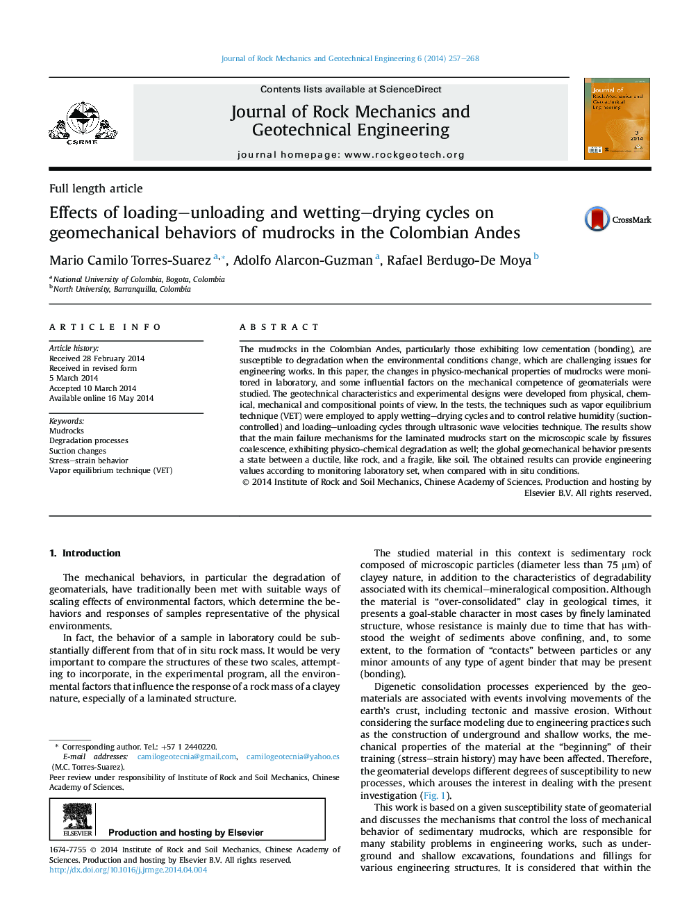 Effects of loading–unloading and wetting–drying cycles on geomechanical behaviors of mudrocks in the Colombian Andes 