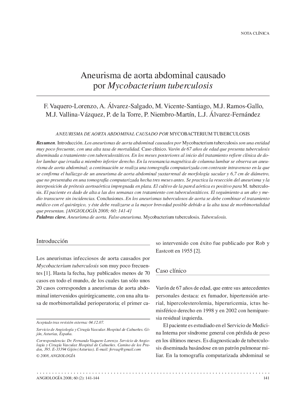 Aneurisma de aorta abdominal causado por Mycobacterium tuberculosis