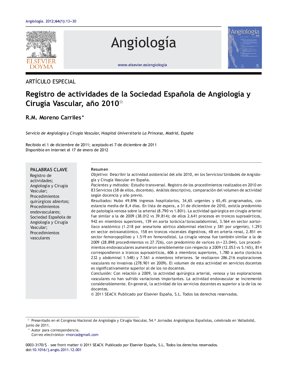 Registro de actividades de la Sociedad Española de Angiología y Cirugía Vascular, año 2010 