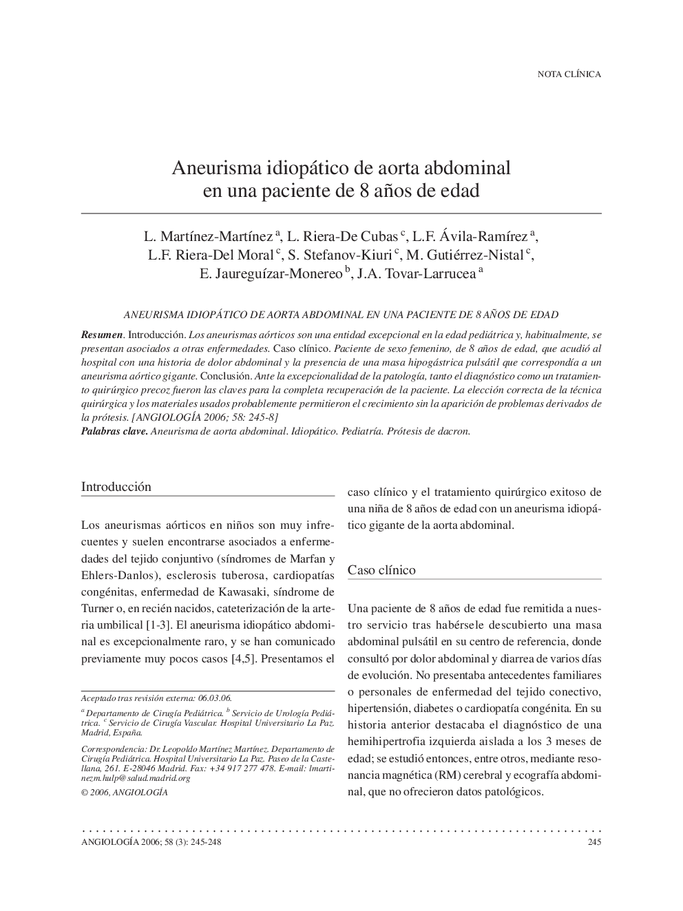 Aneurisma idiopático de aorta abdominal en una paciente de 8 años de edad