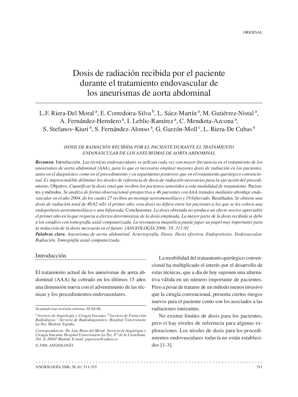 Dosis de radiación recibida por el paciente durante el tratamiento endovascular de los aneurismas de aorta abdominal