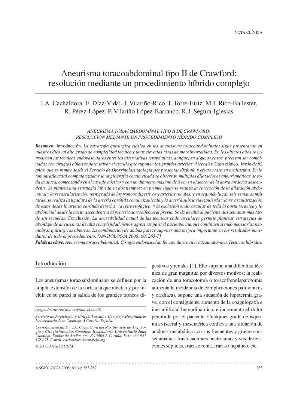 Aneurisma toracoabdominal tipo II de Crawford: resolución mediante un procedimiento híbrido complejo