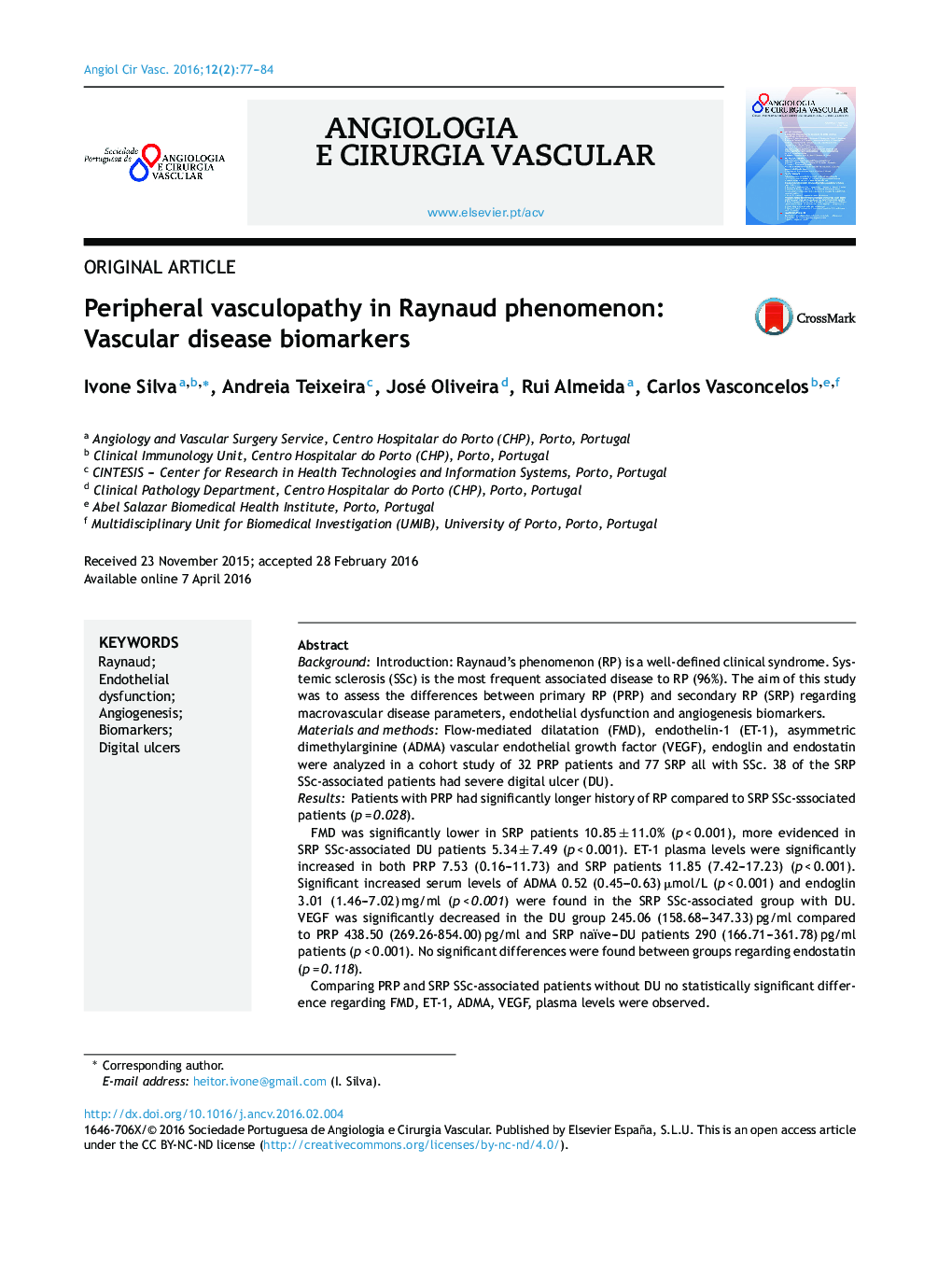 Peripheral vasculopathy in Raynaud phenomenon: Vascular disease biomarkers