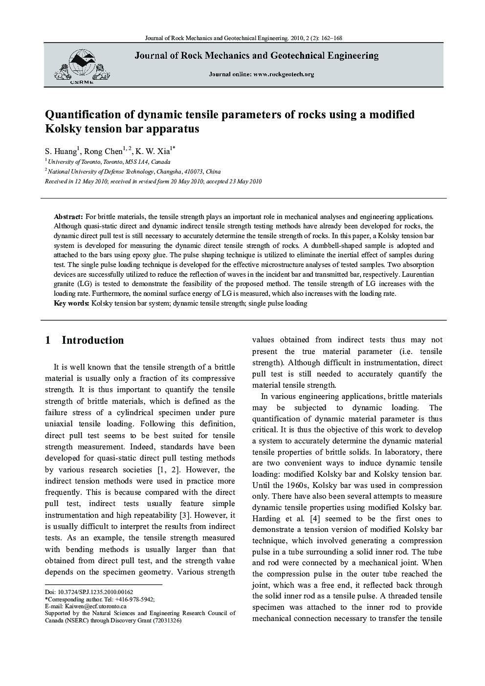 Quantification of dynamic tensile parameters of rocks using a modified Kolsky tension bar apparatus 