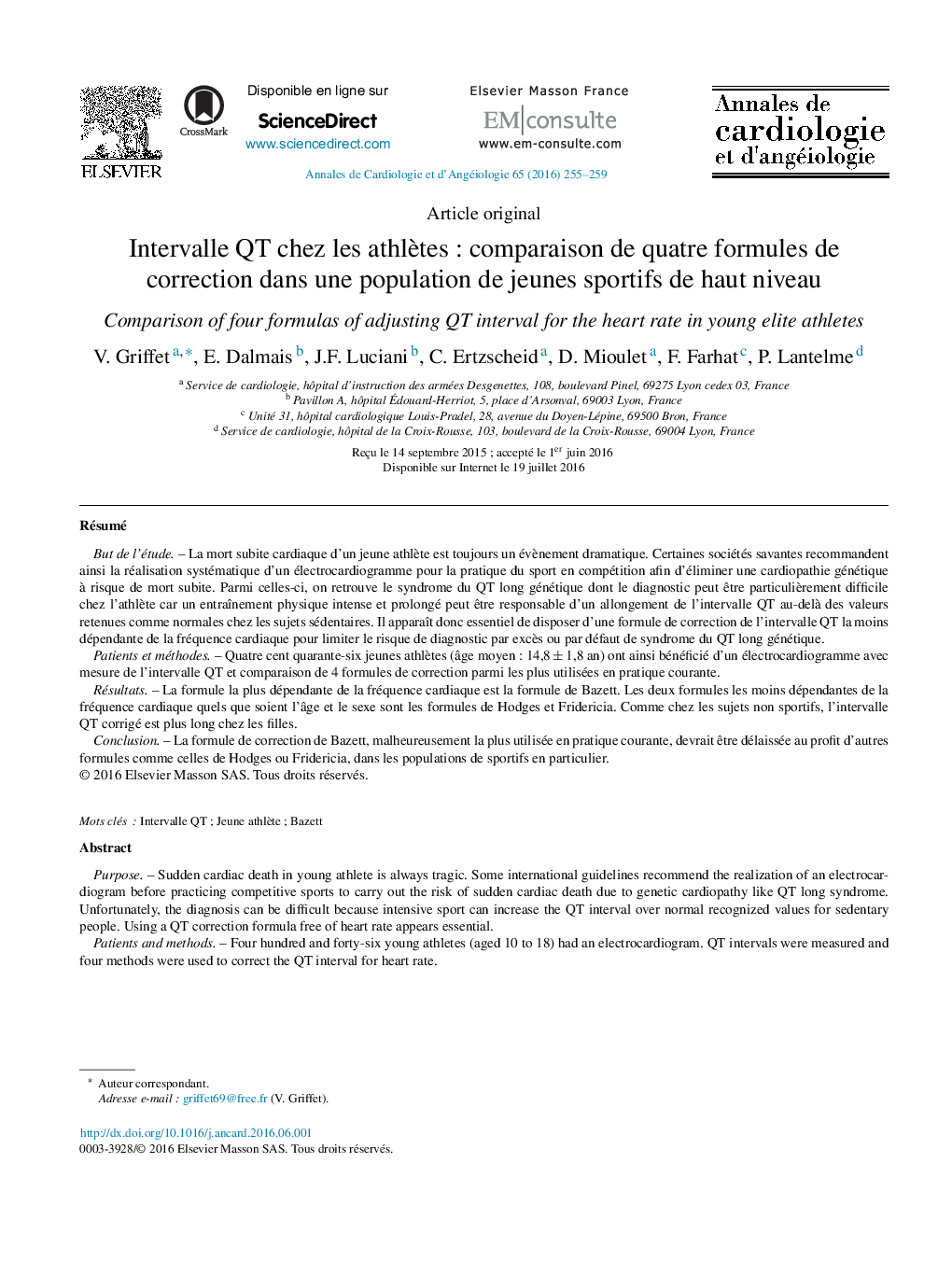 Intervalle QT chez les athlètes : comparaison de quatre formules de correction dans une population de jeunes sportifs de haut niveau