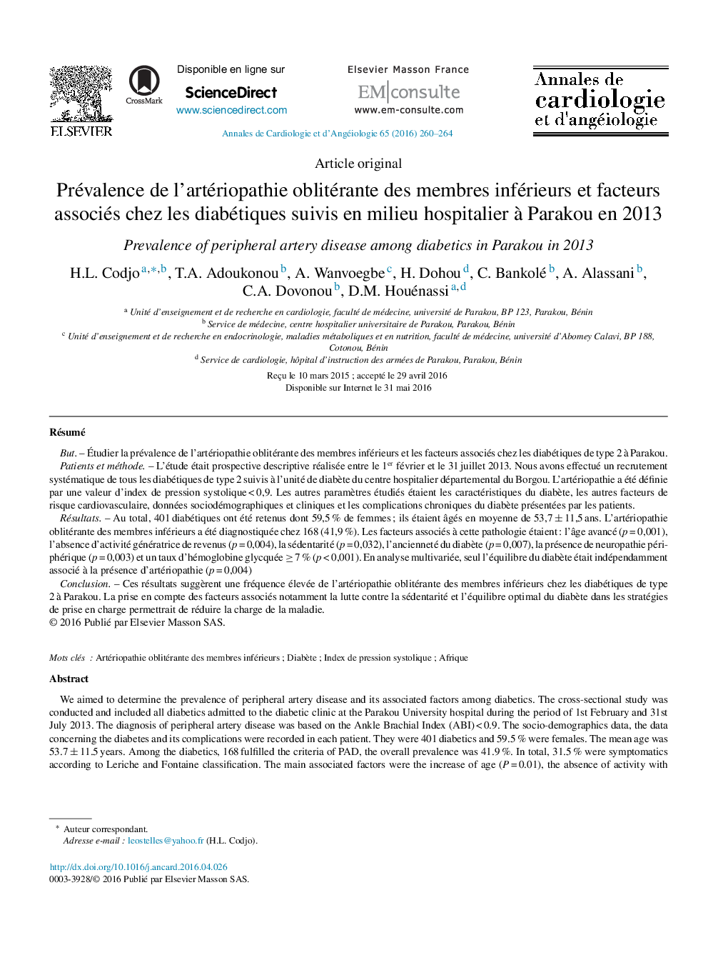 Prévalence de l’artériopathie oblitérante des membres inférieurs et facteurs associés chez les diabétiques suivis en milieu hospitalier à Parakou en 2013