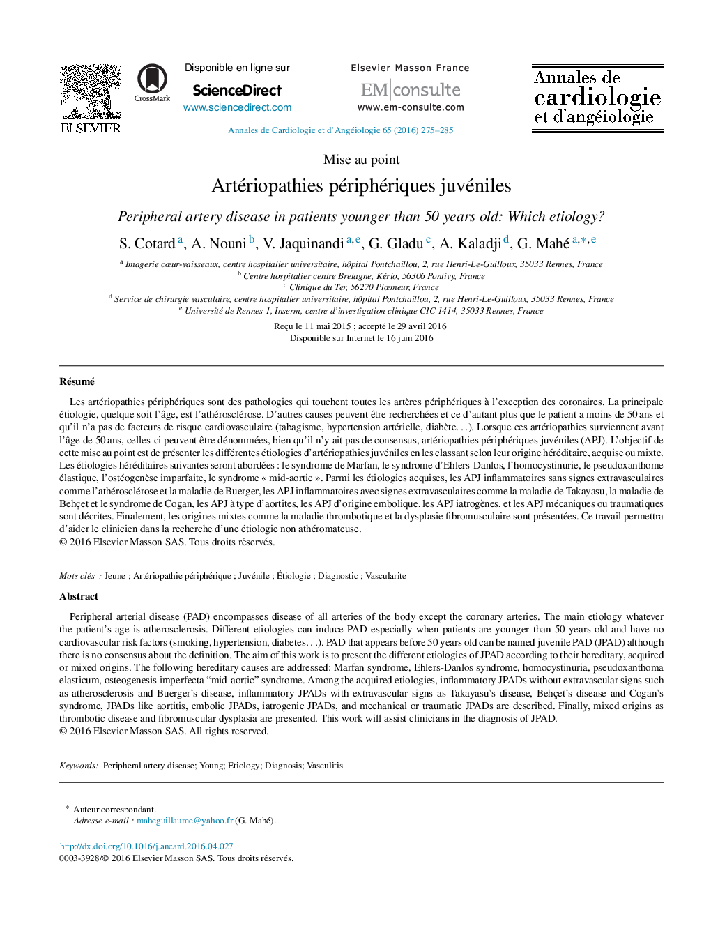 Artériopathies périphériques juvéniles