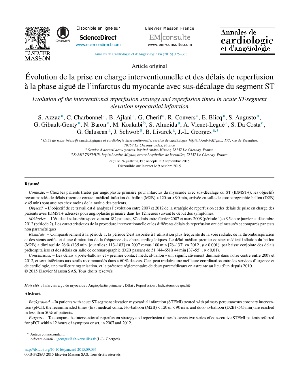 Évolution de la prise en charge interventionnelle et des délais de reperfusion à la phase aiguë de l’infarctus du myocarde avec sus-décalage du segment ST