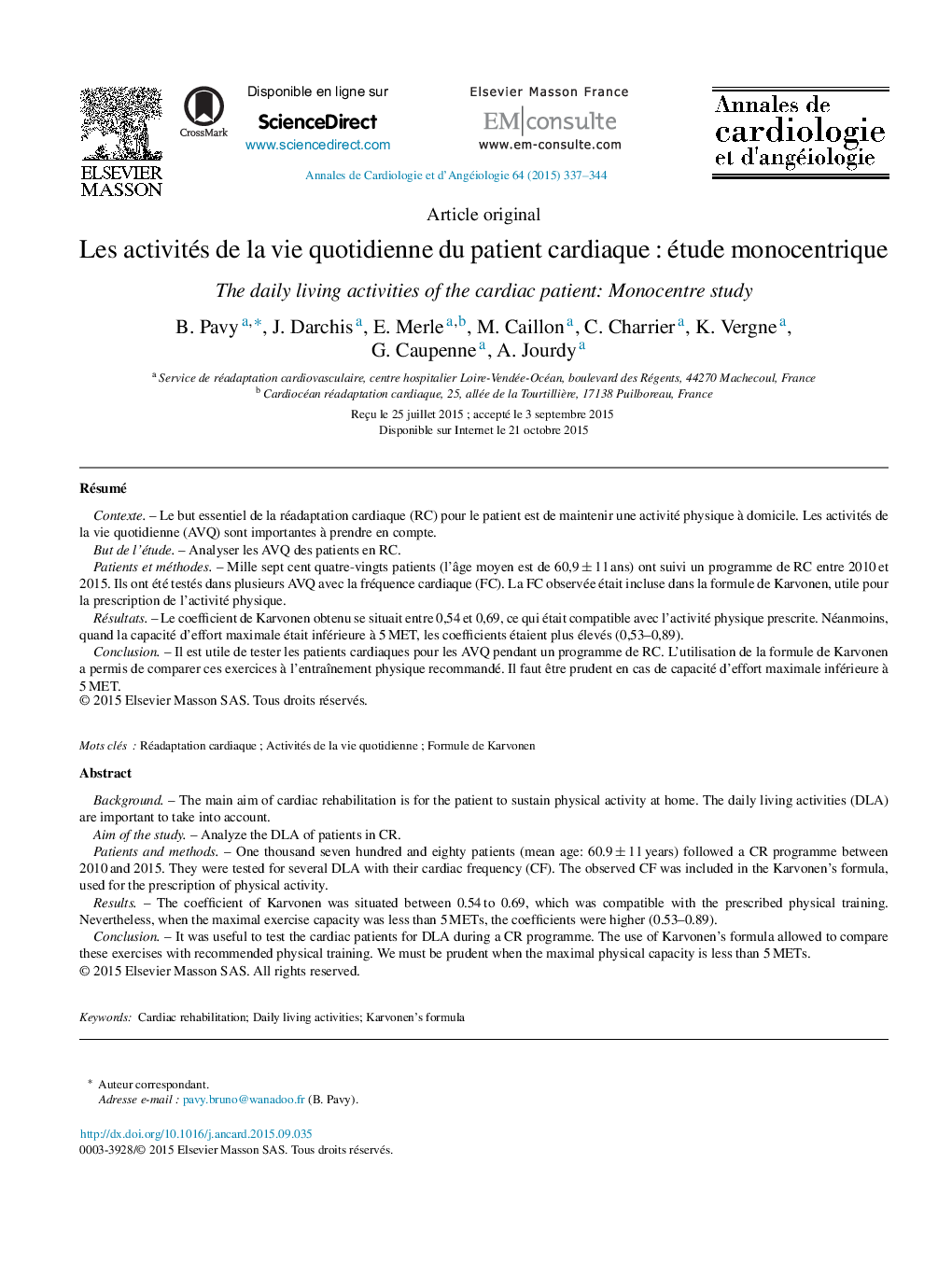 Les activités de la vie quotidienne du patient cardiaque : étude monocentrique