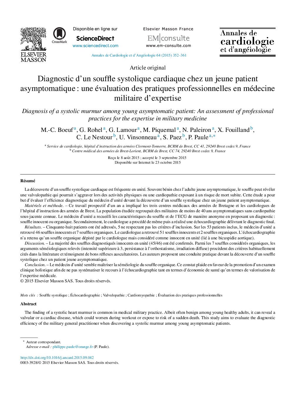 Diagnostic d’un souffle systolique cardiaque chez un jeune patient asymptomatique : une évaluation des pratiques professionnelles en médecine militaire d’expertise