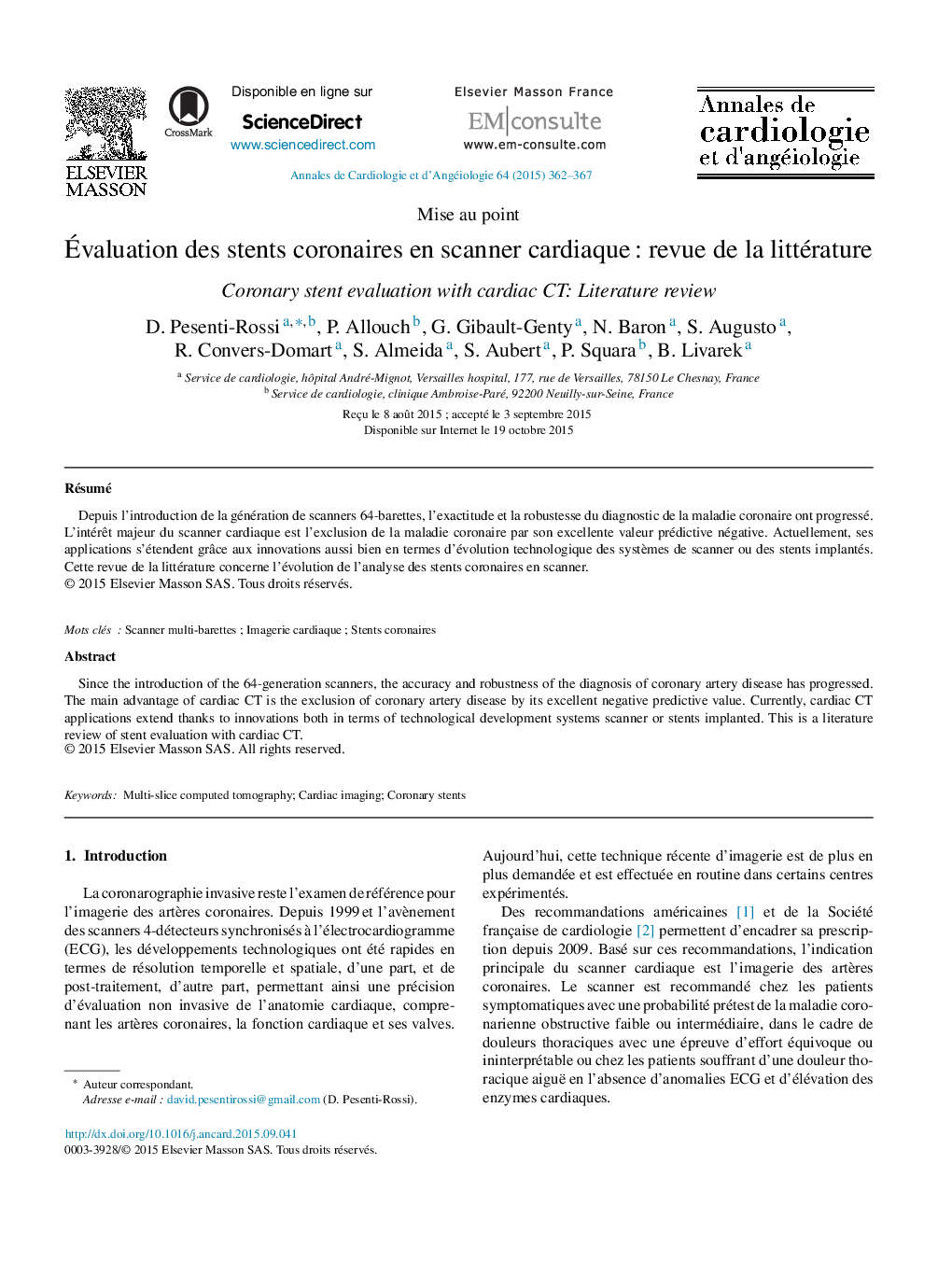 Évaluation des stents coronaires en scanner cardiaque : revue de la littérature