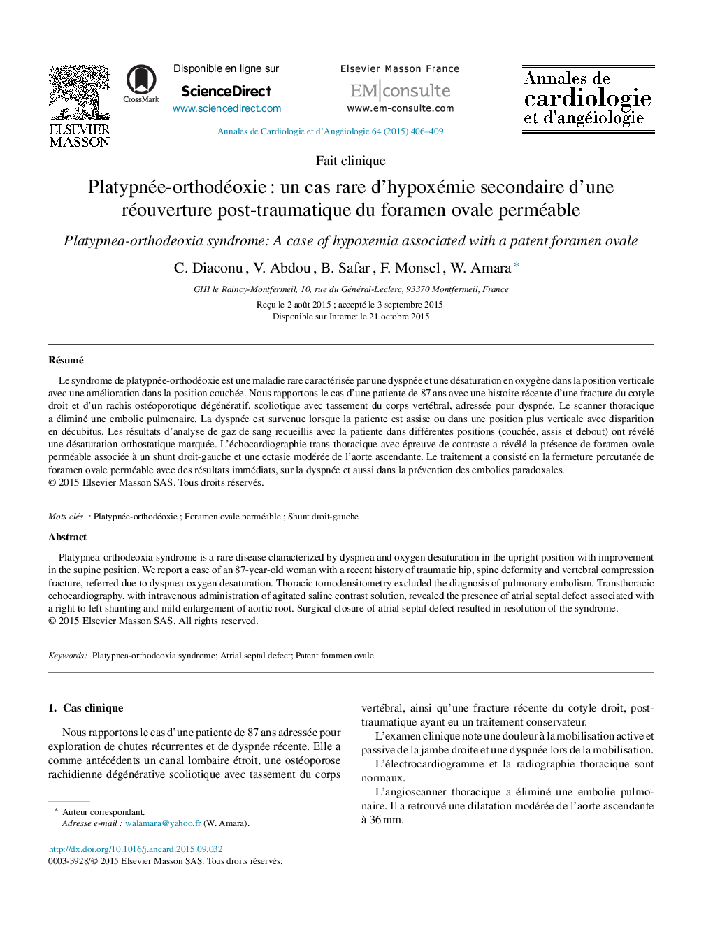 Platypnée-orthodéoxie : un cas rare d’hypoxémie secondaire d’une réouverture post-traumatique du foramen ovale perméable