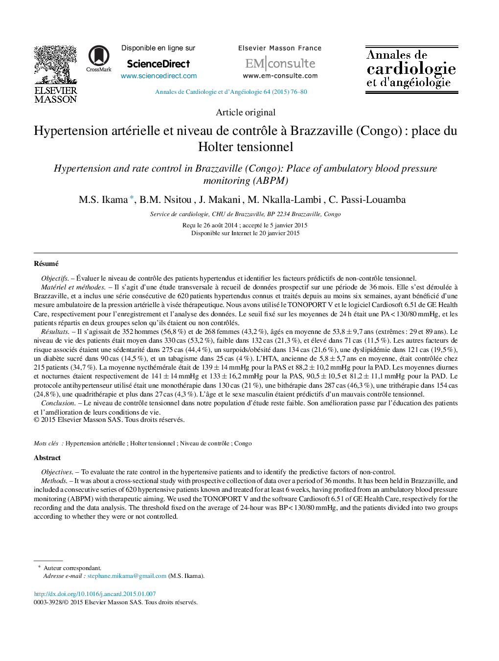 Hypertension artérielle et niveau de contrôle à Brazzaville (Congo) : place du Holter tensionnel