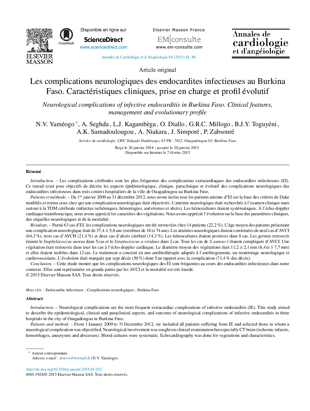 Les complications neurologiques des endocardites infectieuses au Burkina Faso. Caractéristiques cliniques, prise en charge et profil évolutif