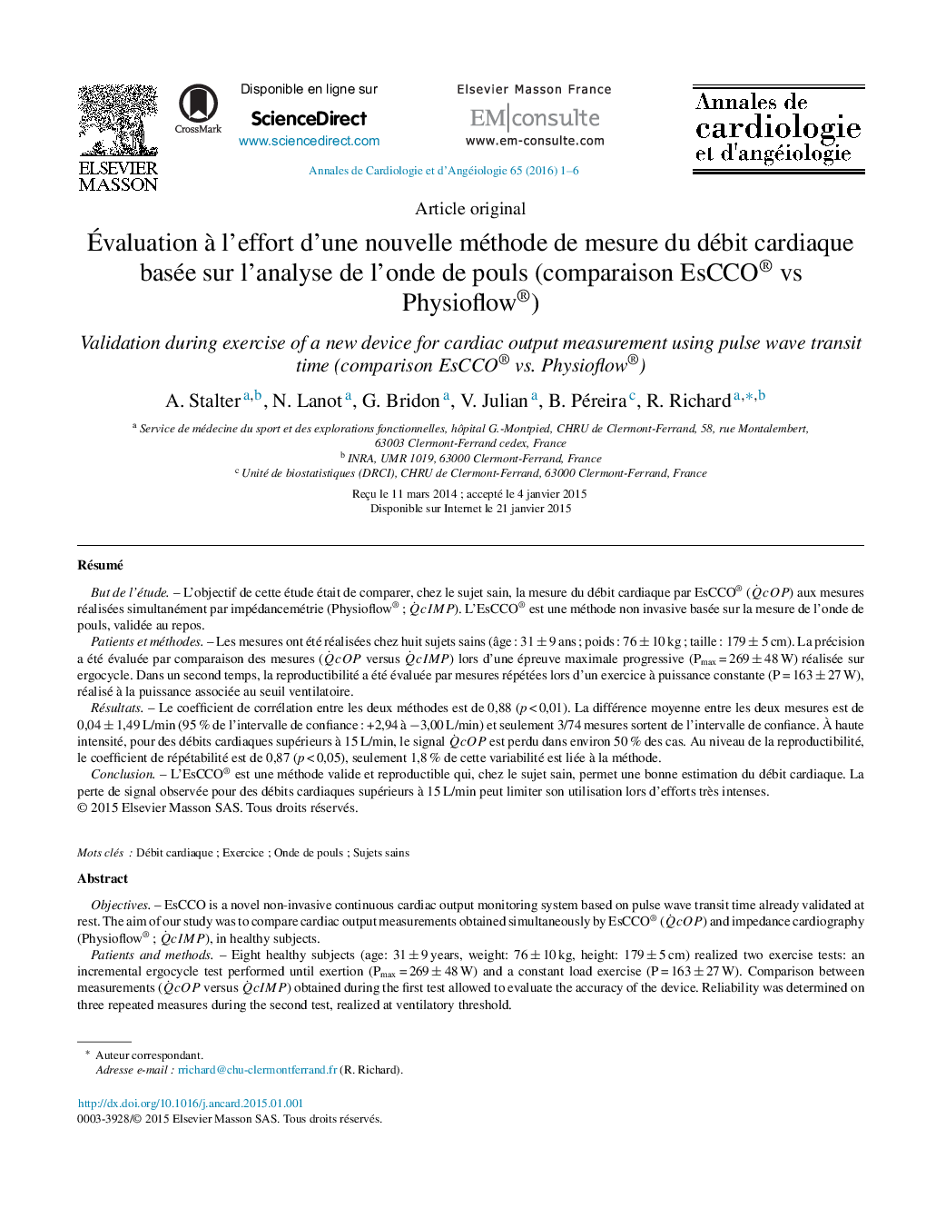 Évaluation à l’effort d’une nouvelle méthode de mesure du débit cardiaque basée sur l’analyse de l’onde de pouls (comparaison EsCCO® vs Physioflow®)