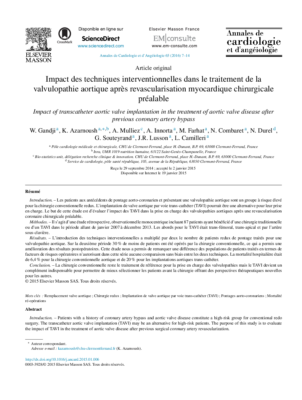 Impact des techniques interventionnelles dans le traitement de la valvulopathie aortique après revascularisation myocardique chirurgicale préalable