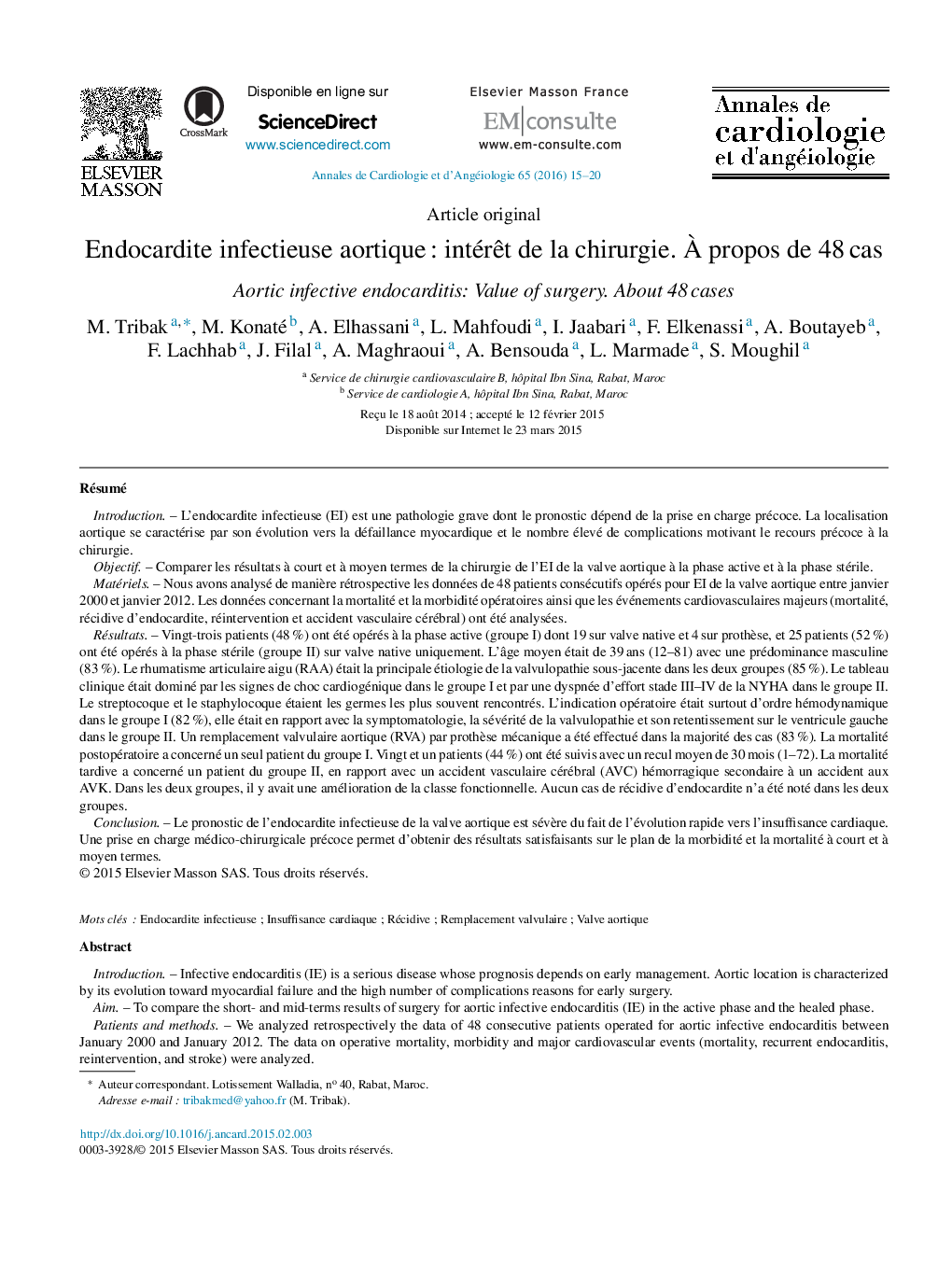 Endocardite infectieuse aortique : intérêt de la chirurgie. À propos de 48 cas