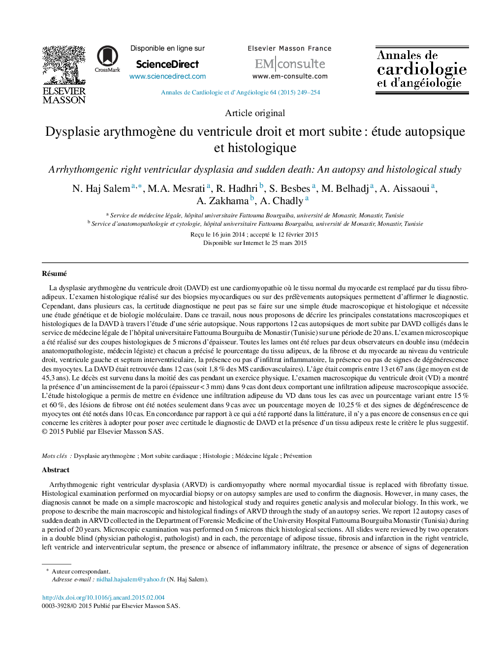 Dysplasie arythmogène du ventricule droit et mort subite : étude autopsique et histologique