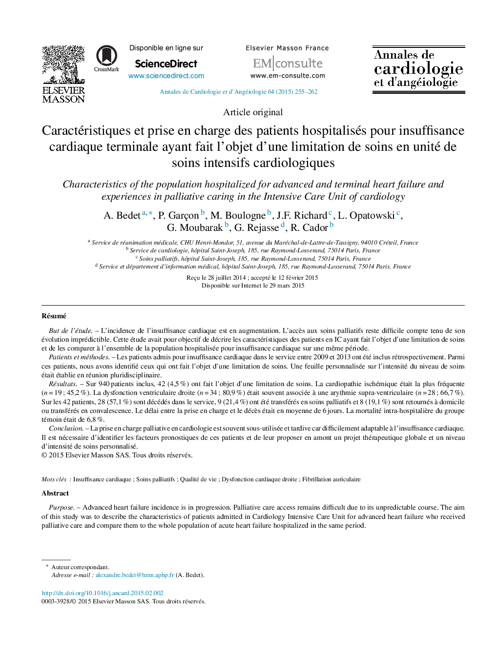 Caractéristiques et prise en charge des patients hospitalisés pour insuffisance cardiaque terminale ayant fait l’objet d’une limitation de soins en unité de soins intensifs cardiologiques