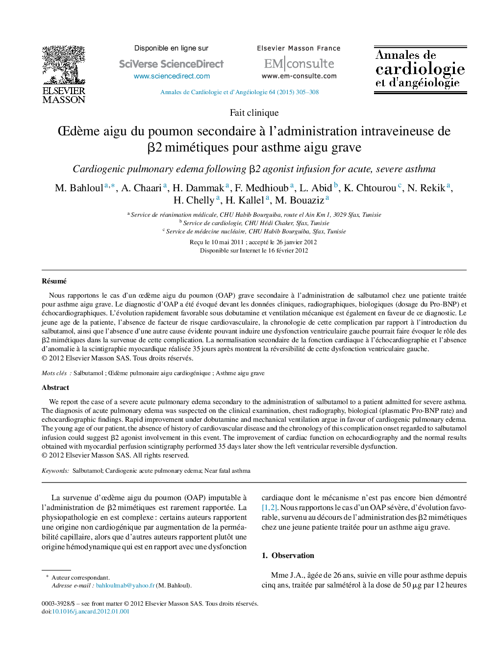 Œdème aigu du poumon secondaire à l’administration intraveineuse de β2 mimétiques pour asthme aigu grave