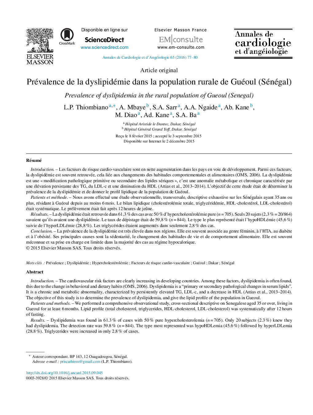 Prévalence de la dyslipidémie dans la population rurale de Guéoul (Sénégal)