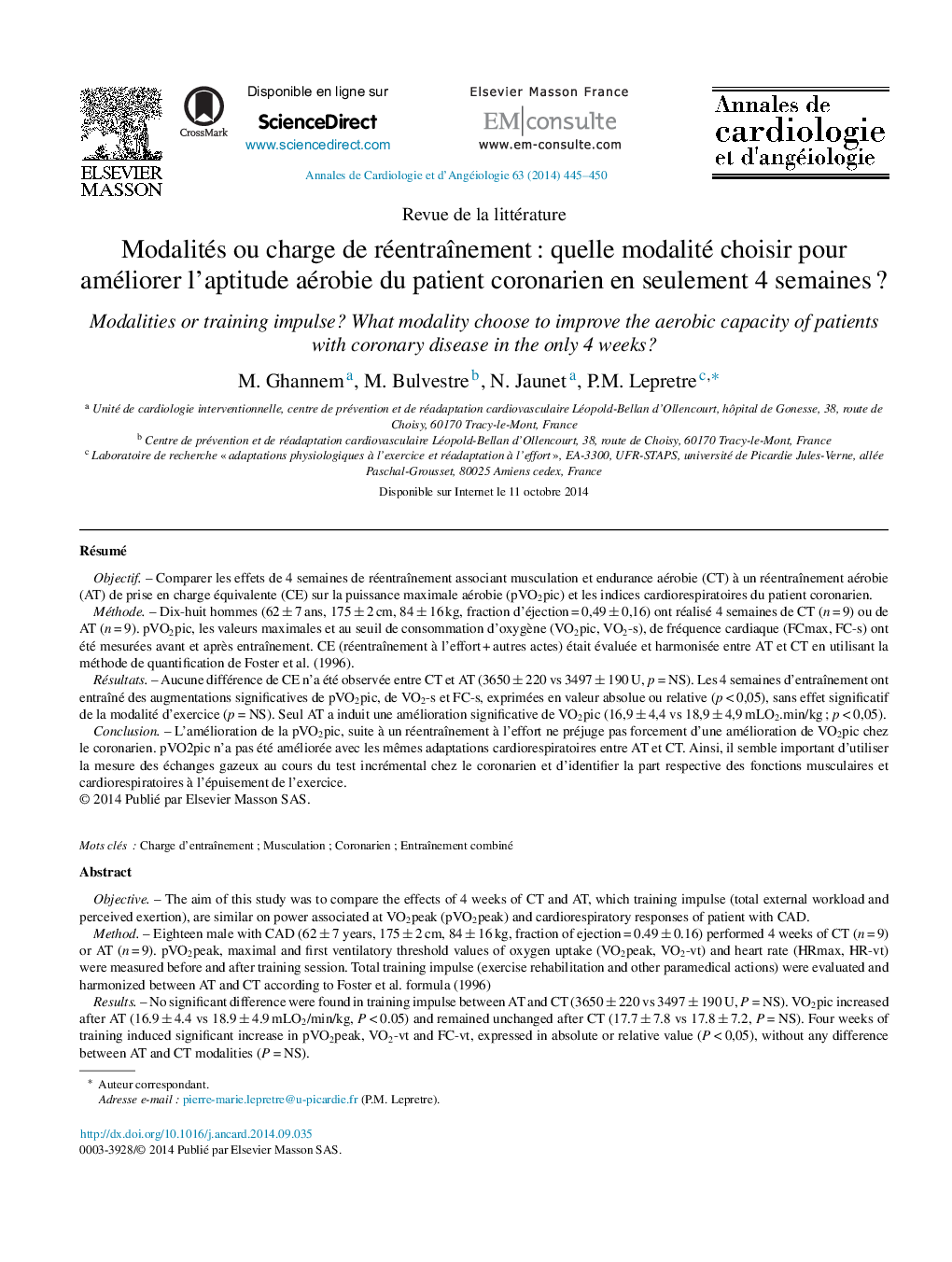 Modalités ou charge de réentraînement : quelle modalité choisir pour améliorer l’aptitude aérobie du patient coronarien en seulement 4 semaines ?