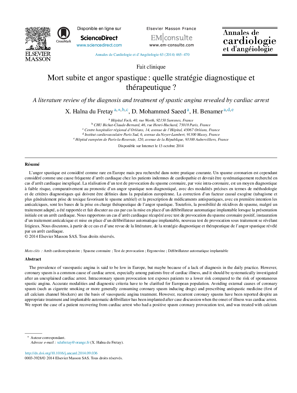 Mort subite et angor spastique : quelle stratégie diagnostique et thérapeutique ?