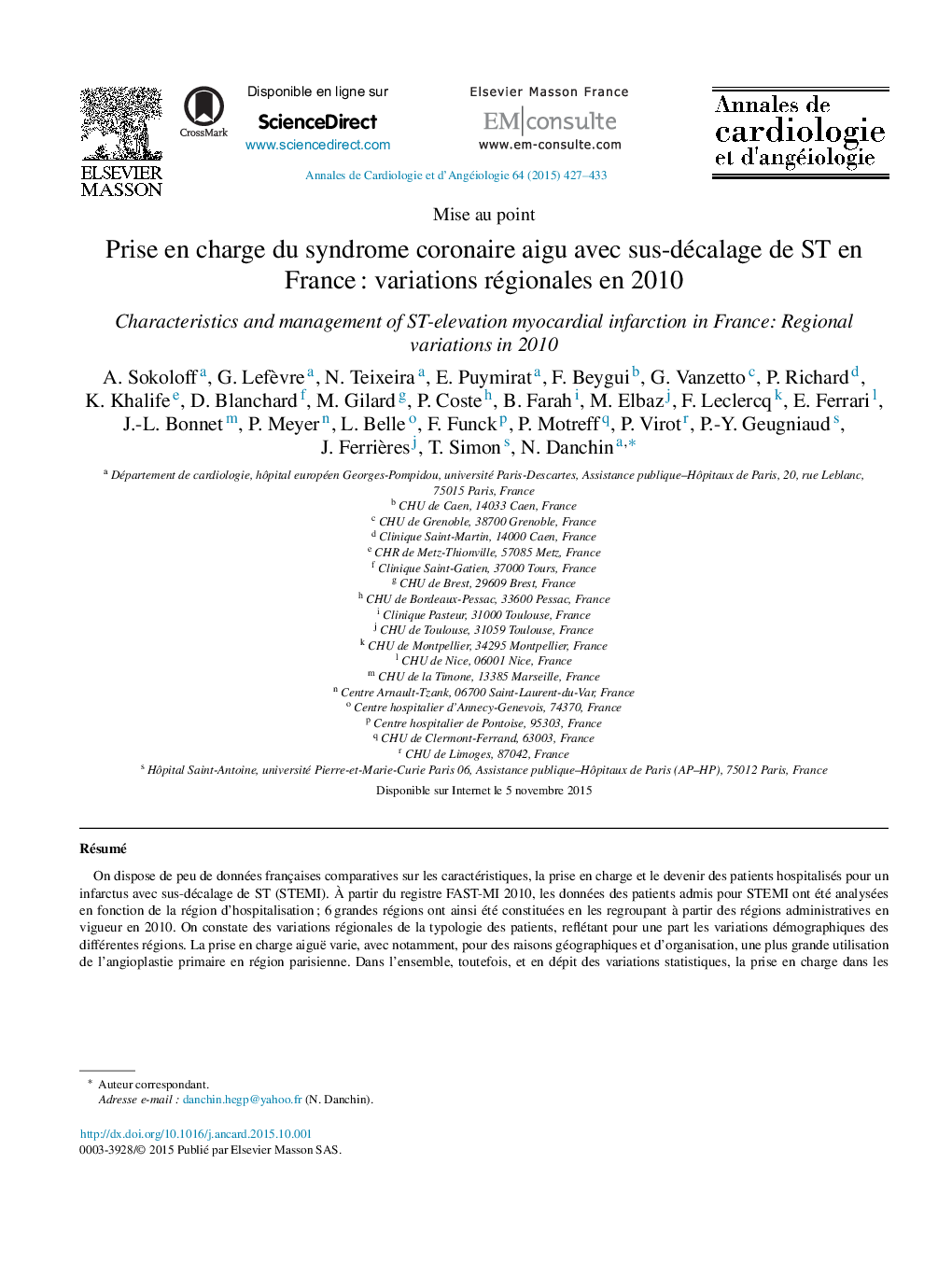 Prise en charge du syndrome coronaire aigu avec sus-décalage de ST en France : variations régionales en 2010