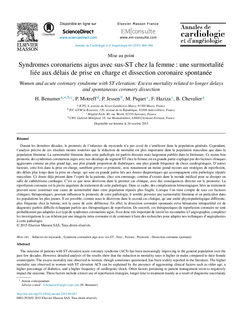 Syndromes coronariens aigus avec sus-ST chez la femme : une surmortalité liée aux délais de prise en charge et dissection coronaire spontanée