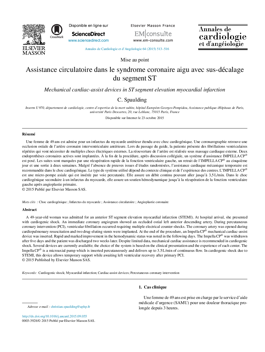 Assistance circulatoire dans le syndrome coronaire aigu avec sus-décalage du segment ST