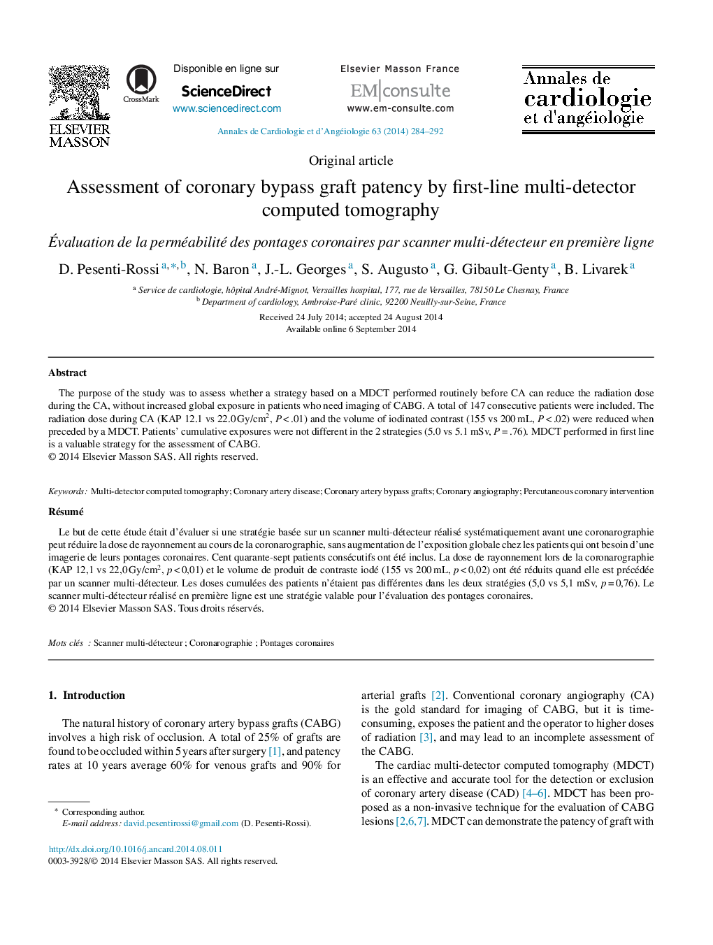 Assessment of coronary bypass graft patency by first-line multi-detector computed tomography