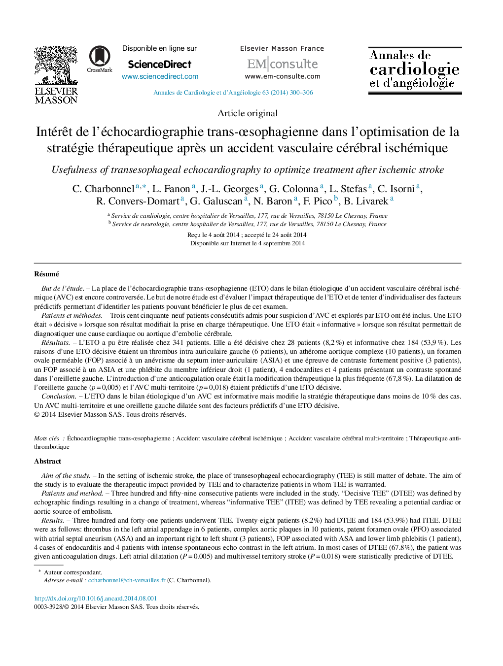 Intérêt de l’échocardiographie trans-œsophagienne dans l’optimisation de la stratégie thérapeutique après un accident vasculaire cérébral ischémique