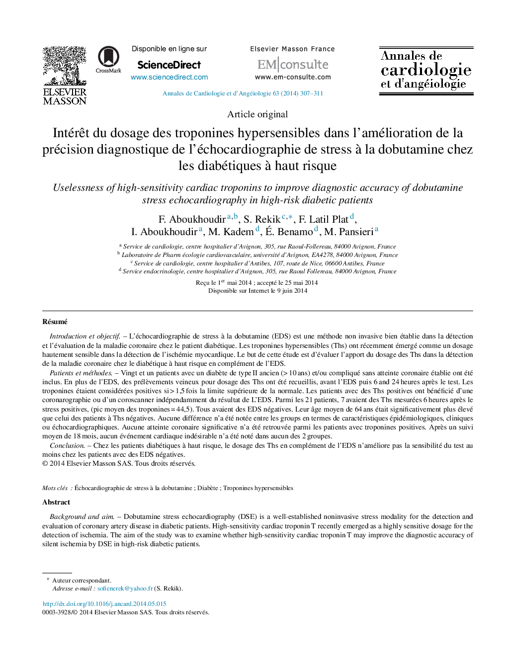 Intérêt du dosage des troponines hypersensibles dans l’amélioration de la précision diagnostique de l’échocardiographie de stress à la dobutamine chez les diabétiques à haut risque