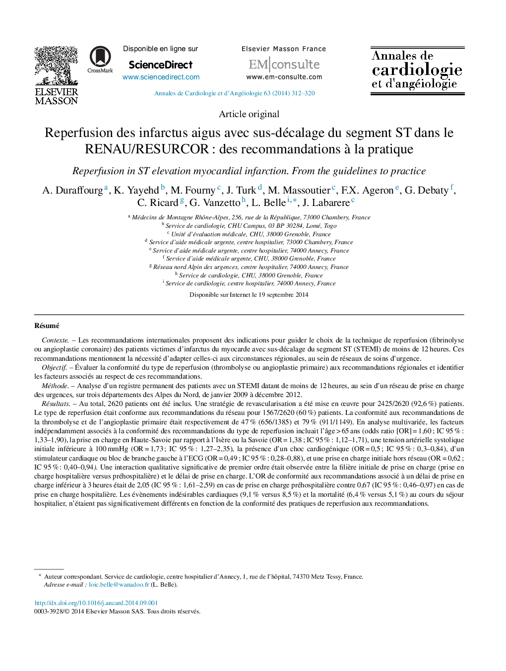 Reperfusion des infarctus aigus avec sus-décalage du segment ST dans le RENAU/RESURCOR : des recommandations à la pratique