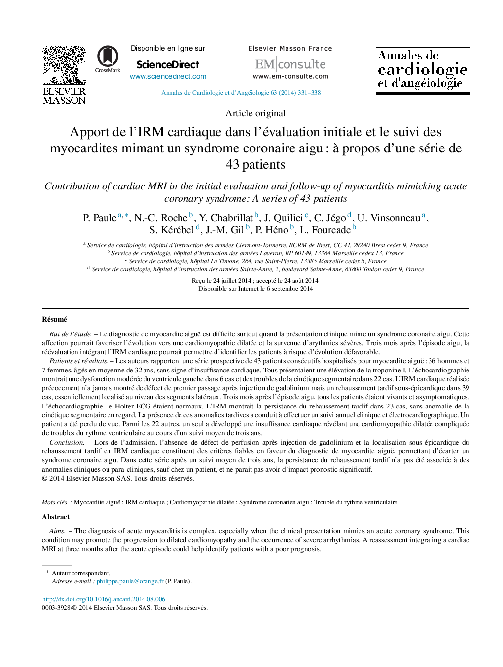 Apport de l’IRM cardiaque dans l’évaluation initiale et le suivi des myocardites mimant un syndrome coronaire aigu : à propos d’une série de 43 patients