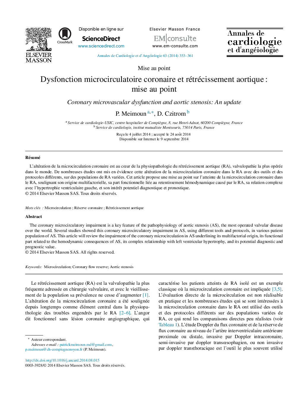 Dysfonction microcirculatoire coronaire et rétrécissement aortique : mise au point