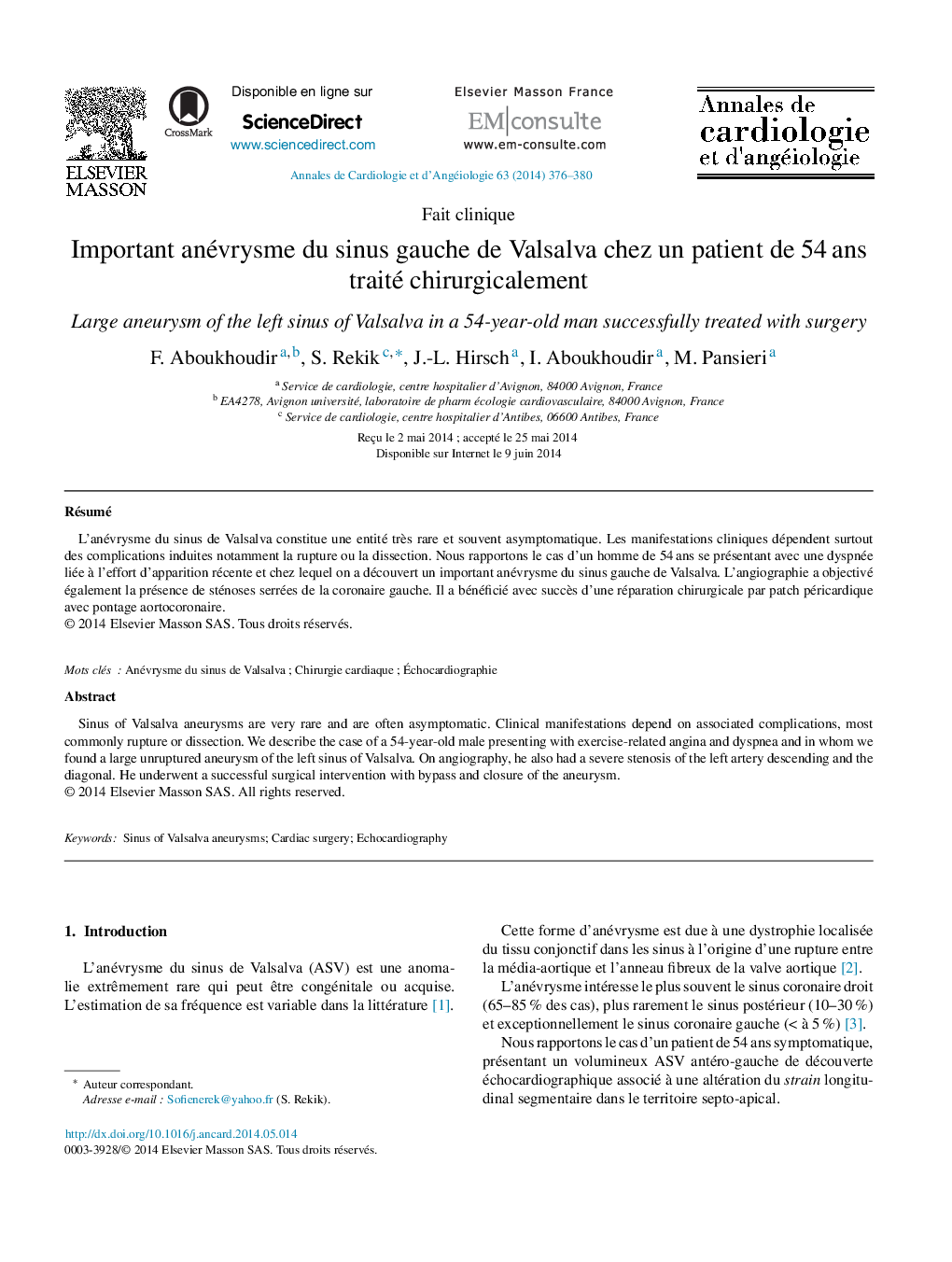 Important anévrysme du sinus gauche de Valsalva chez un patient de 54 ans traité chirurgicalement