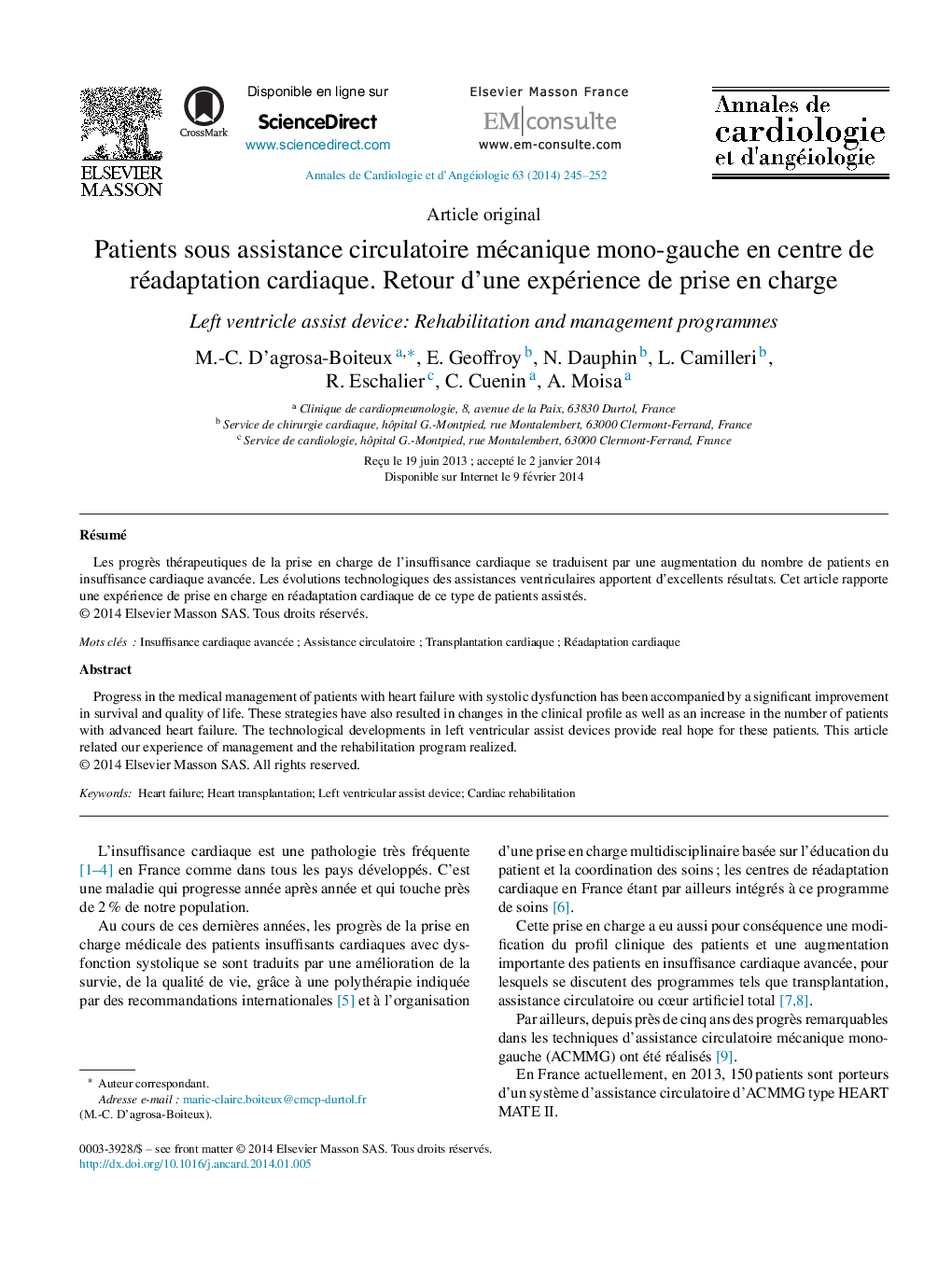 Patients sous assistance circulatoire mécanique mono-gauche en centre de réadaptation cardiaque. Retour d’une expérience de prise en charge